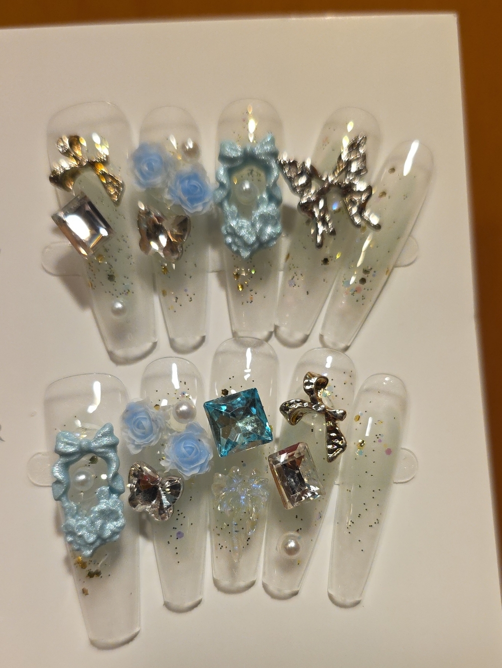 Blue Floral Crystal Press-On Nail Set - Women's Jewelry Size Large